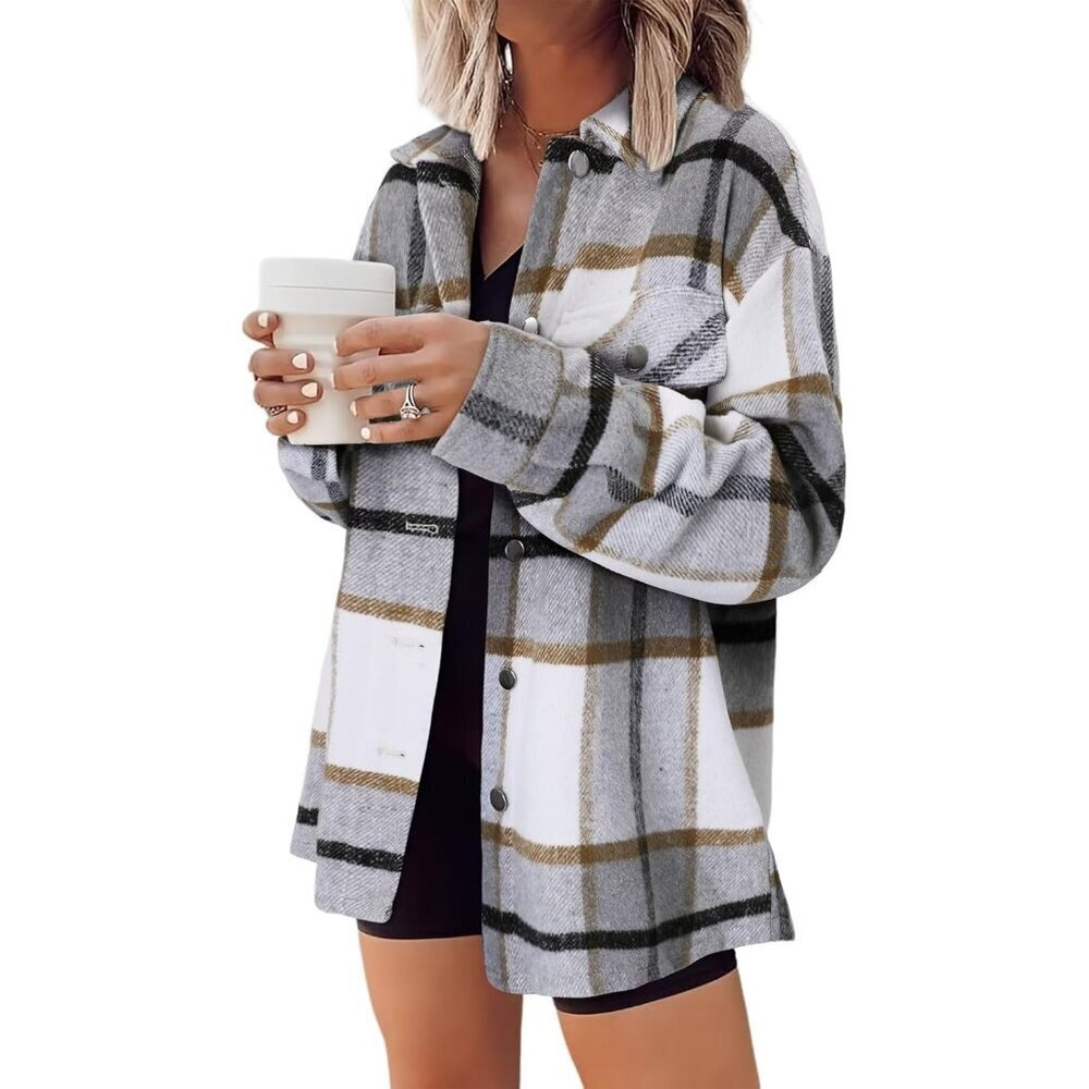 Women Gray Collared V Neck Button Down Oversized Long Sleeve Shirt Top - Picture 4 of 5